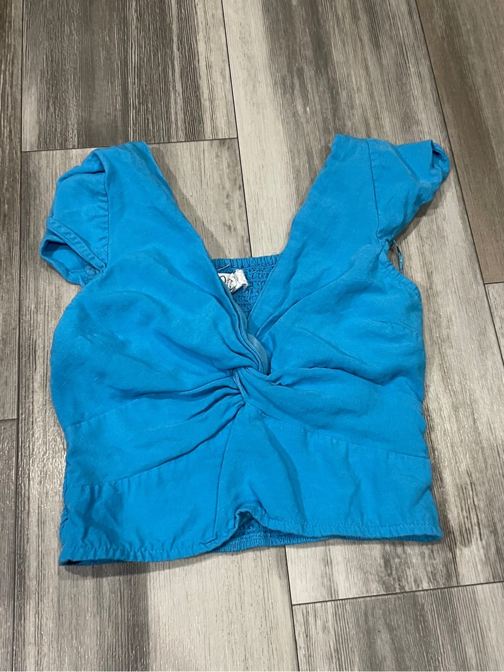 Japna Blue Linen Blend Twist Front Smocked Crop Top Boho Coastal